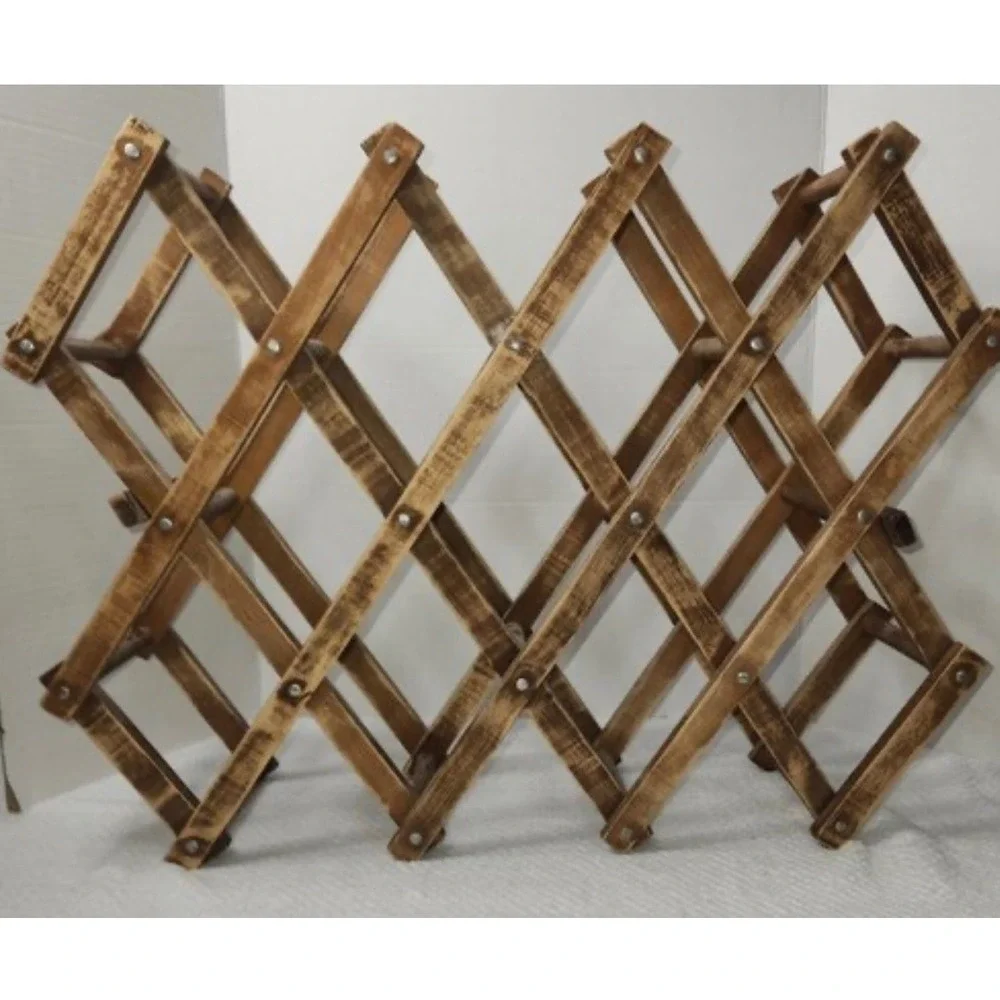 Vintage Rustic Wooden 10 Bottle Wine Rack Collapsible Accordion Countertop Brown